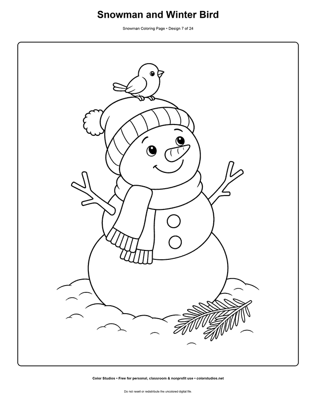Snowman and Winter Bird printable snowman coloring page.