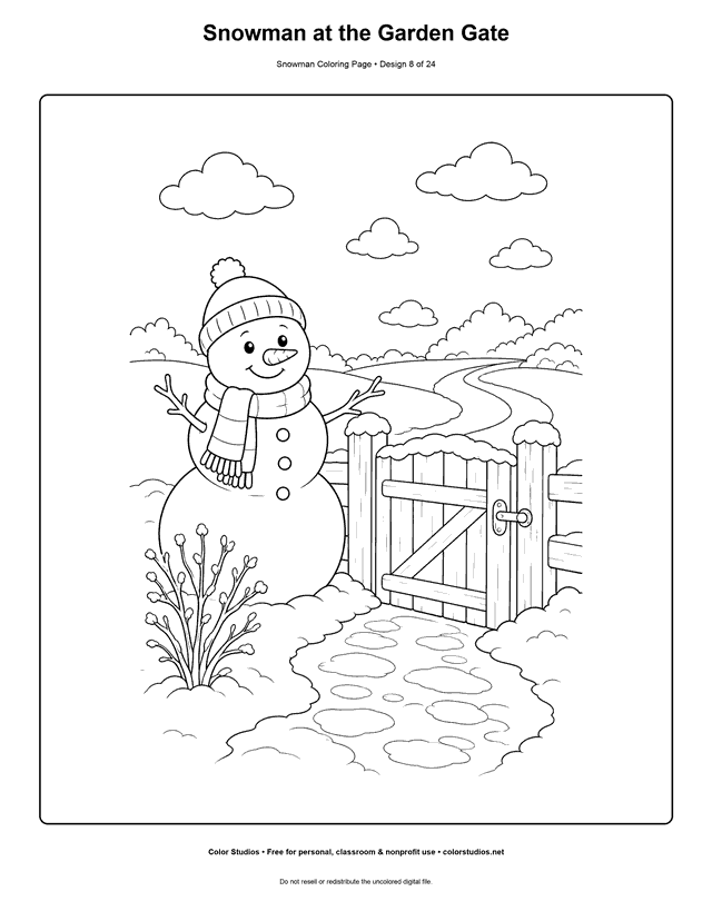 Snowman at the Garden Gate printable snowman coloring page.