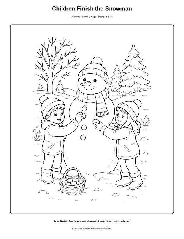 Children Finish the Snowman printable snowman coloring page.