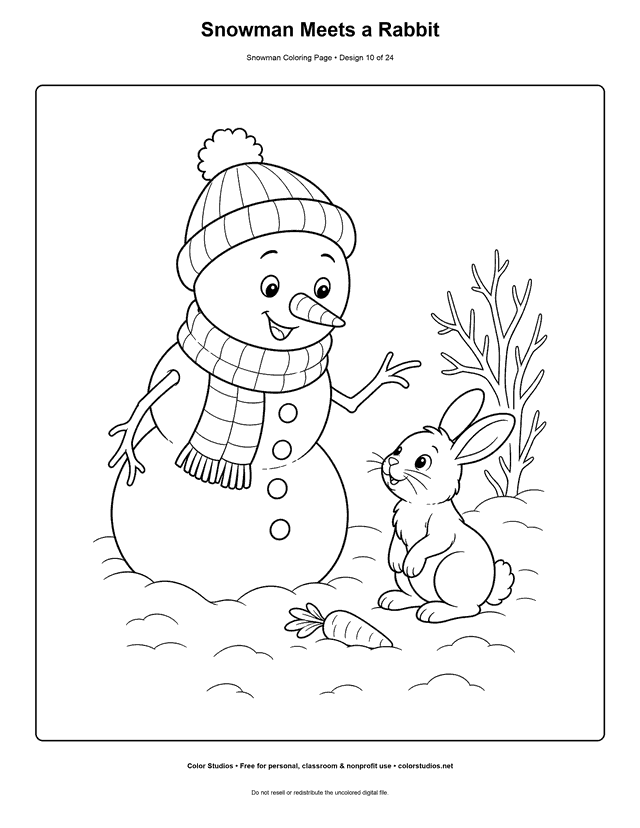 Snowman Meets a Rabbit printable snowman coloring page.