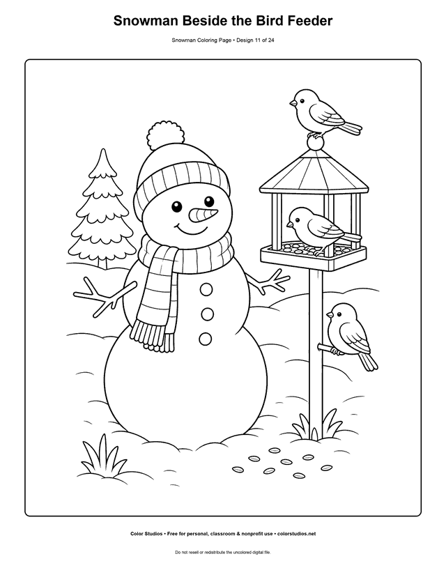 Snowman Beside the Bird Feeder printable snowman coloring page.