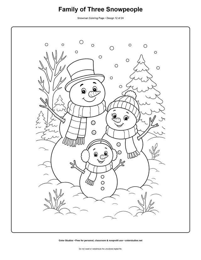 Family of Three Snowpeople printable snowman coloring page.