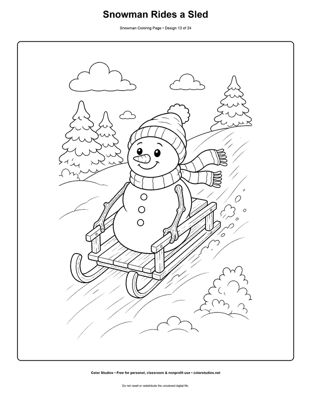 Snowman Rides a Sled printable snowman coloring page.