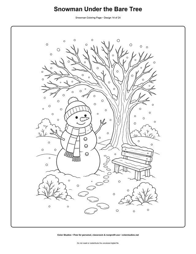 Snowman Under the Bare Tree printable snowman coloring page.