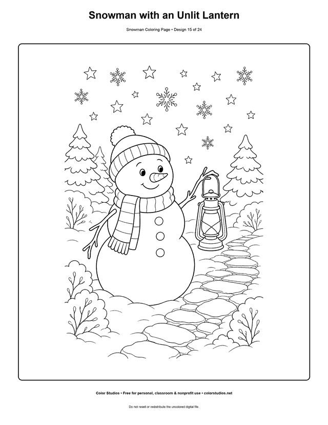 Snowman with an Unlit Lantern printable snowman coloring page.