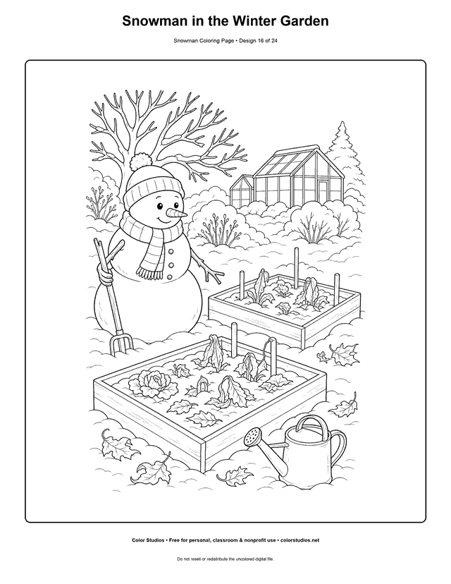 Snowman in the Winter Garden printable snowman coloring page.