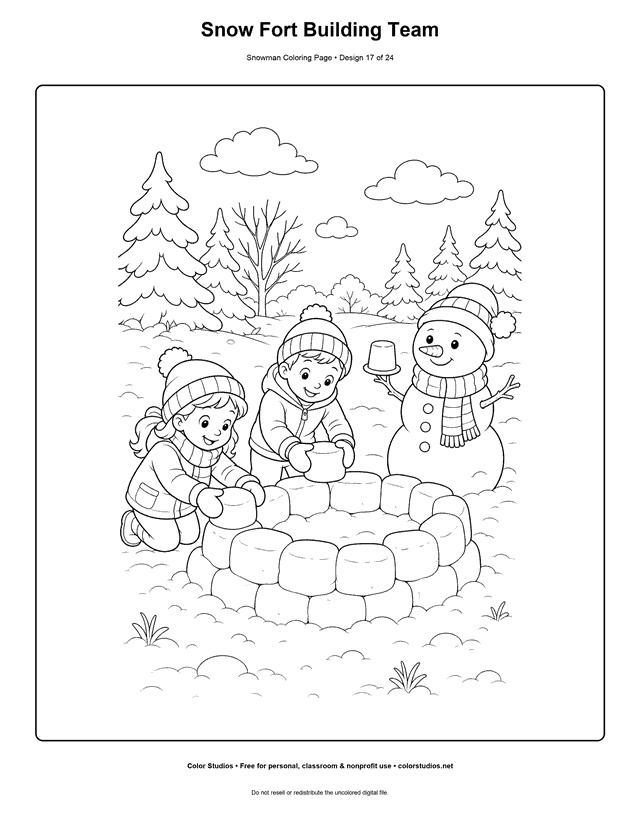 Snow Fort Building Team printable snowman coloring page.