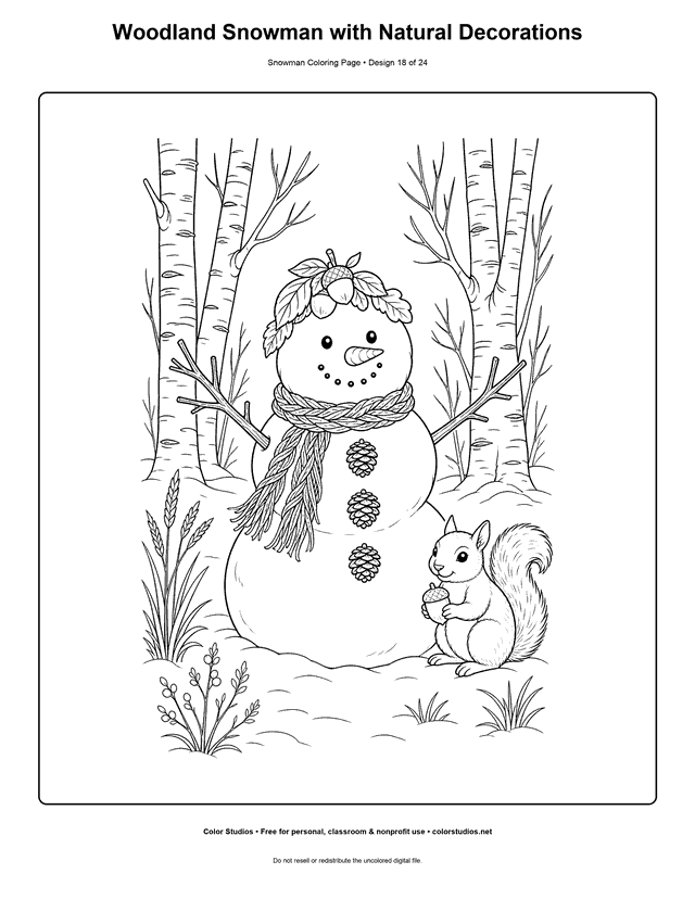 Woodland Snowman with Natural Decorations printable snowman coloring page.