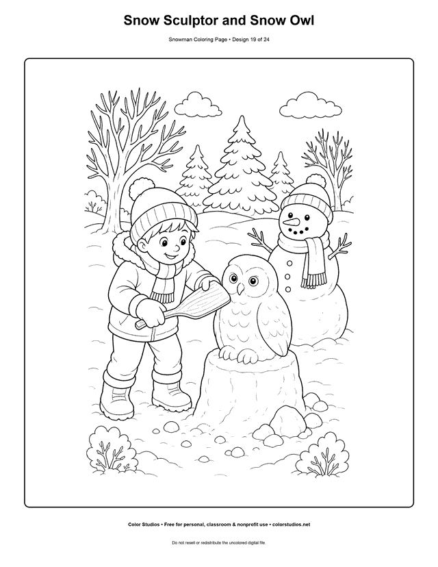 Snow Sculptor and Snow Owl printable snowman coloring page.