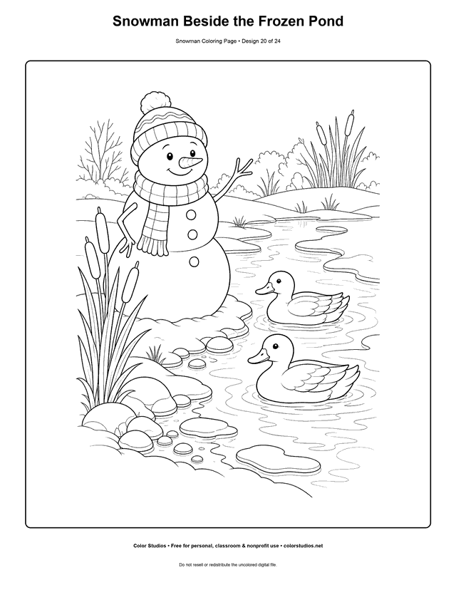 Snowman Beside the Frozen Pond printable snowman coloring page.
