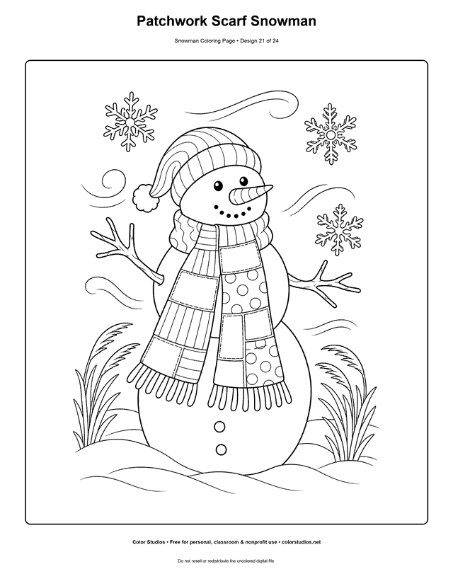 Patchwork Scarf Snowman printable snowman coloring page.