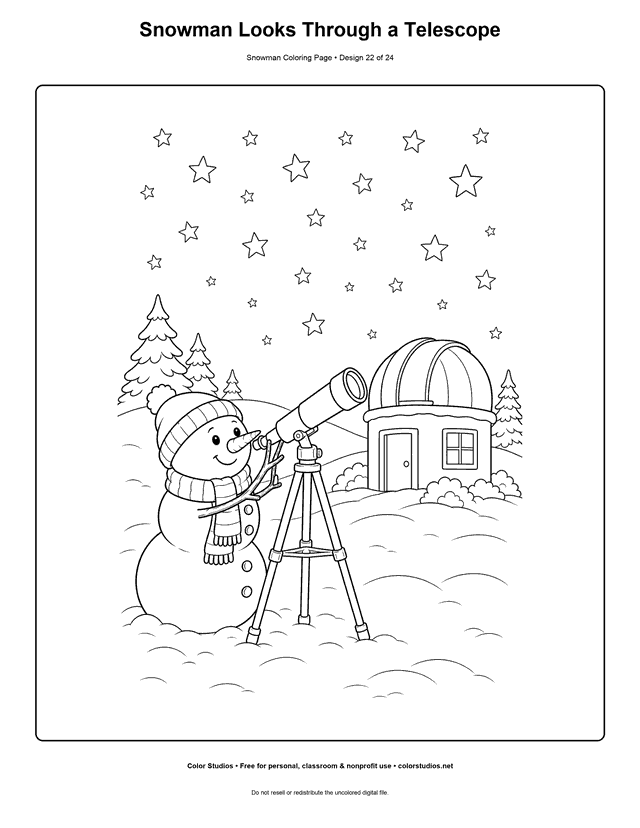 Snowman Looks Through a Telescope printable snowman coloring page.