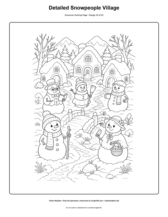 Detailed Snowpeople Village printable snowman coloring page.