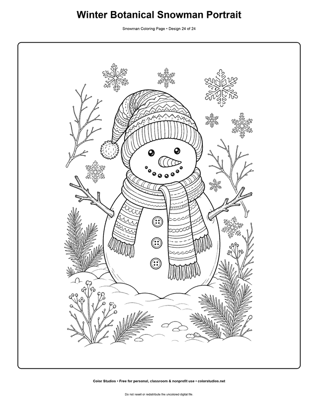 Winter Botanical Snowman Portrait printable snowman coloring page.