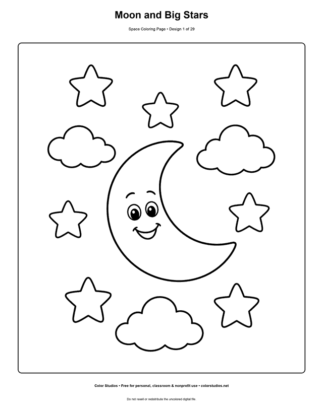 Moon and Big Stars, an original space coloring page