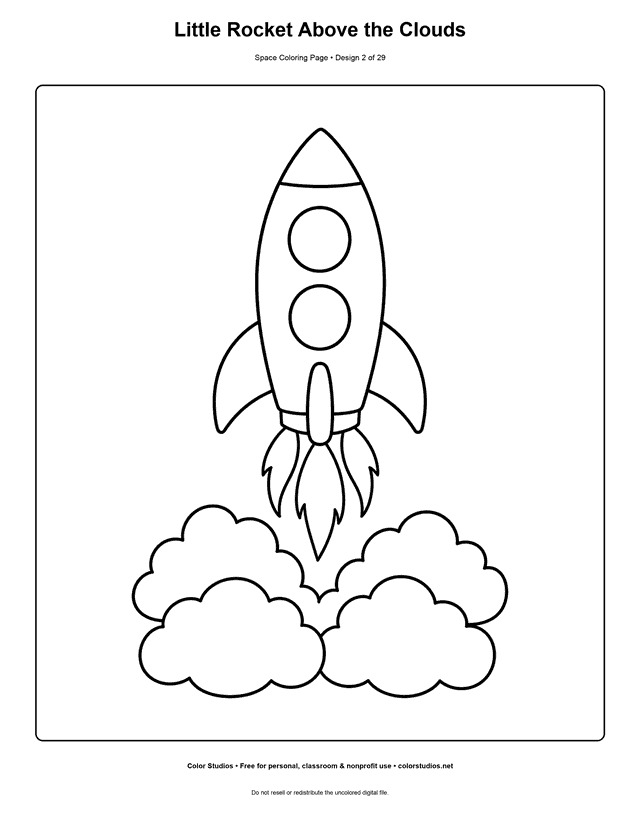Little Rocket Above the Clouds free printable space coloring page for kids.