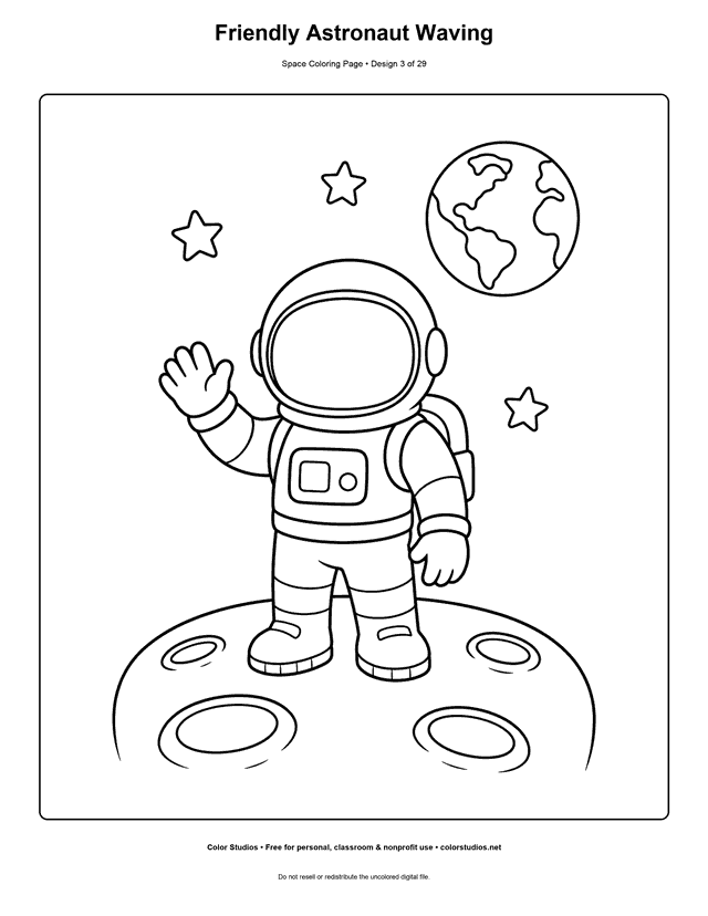 Friendly Astronaut Waving free printable space coloring page for kids.