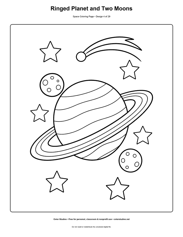 Ringed Planet and Two Moons free printable space coloring page for kids.
