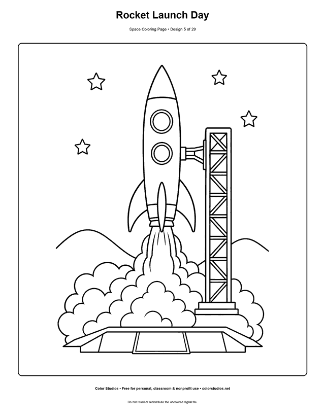 Rocket Launch Day free printable space coloring page for kids.