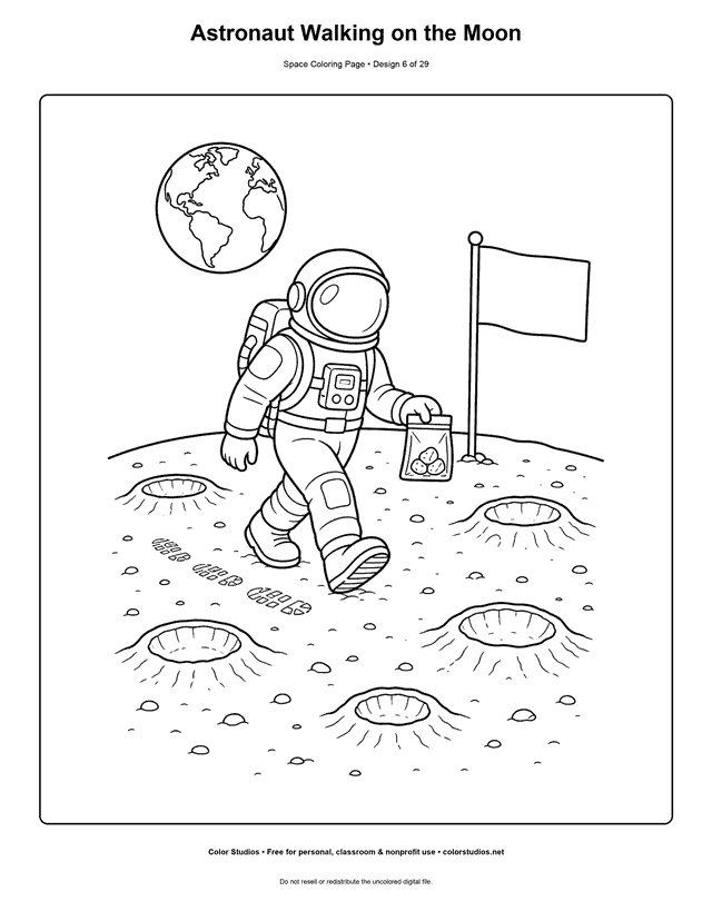 Astronaut Walking on the Moon free printable space coloring page for kids.