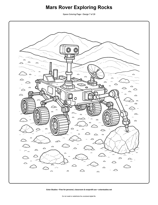 Mars Rover Exploring Rocks free printable space coloring page for kids.