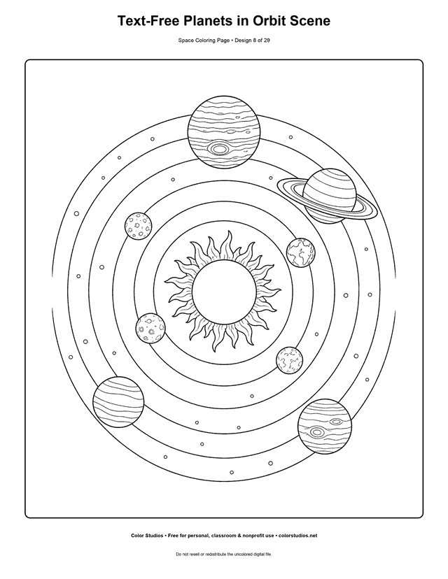 Planets in orbit coloring page with the Sun and eight planets on curved paths.