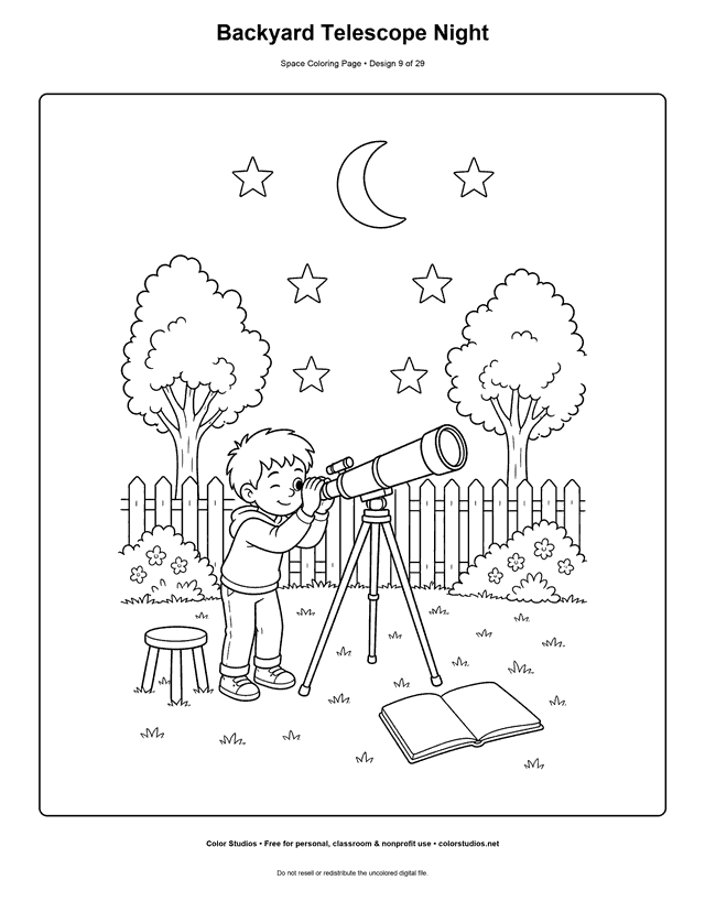 Backyard Telescope Night free printable space coloring page for kids.