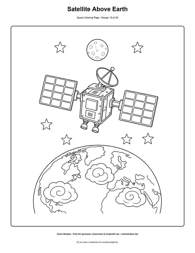 Satellite Above Earth free printable space coloring page for kids.