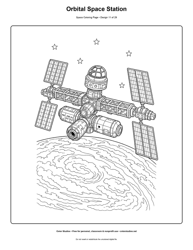 Orbital Space Station free printable space coloring page for kids.