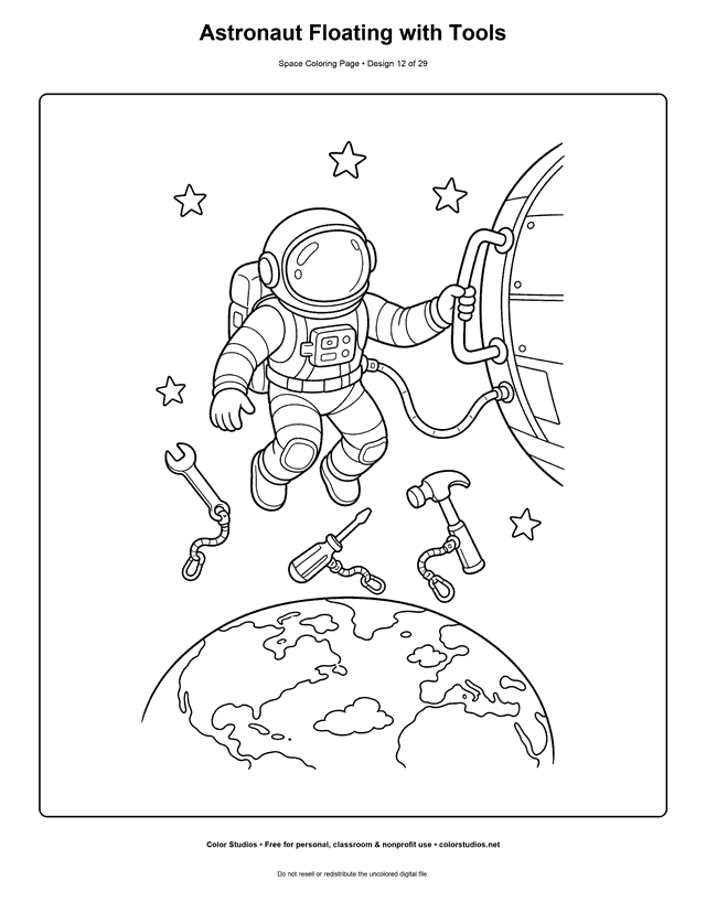Astronaut Floating with Tools free printable space coloring page for kids.