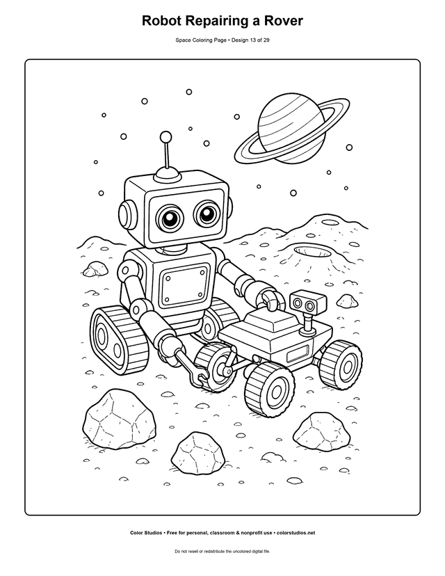 Robot Repairing a Rover free printable space coloring page for kids.