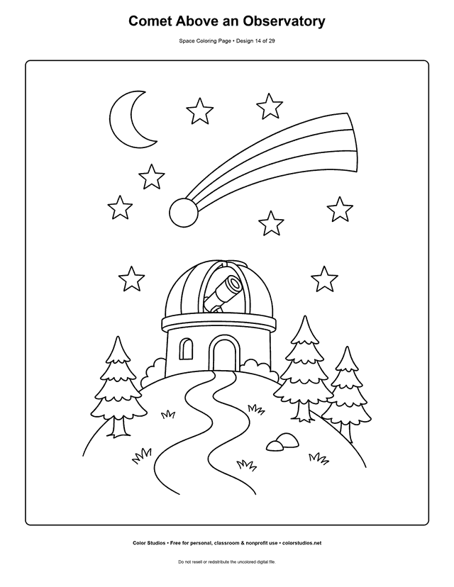 Comet Above an Observatory free printable space coloring page for kids.