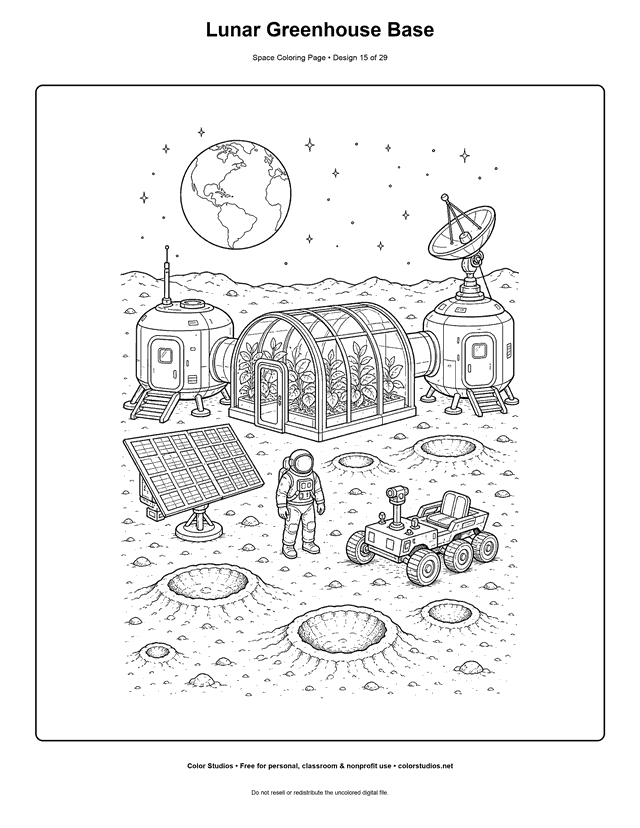 Lunar Greenhouse Base free printable space coloring page for kids.
