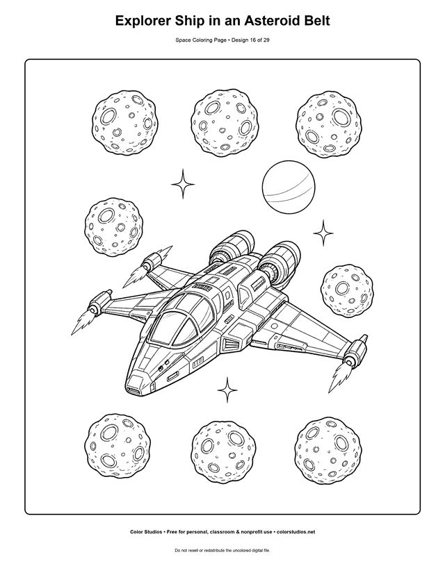 Explorer Ship in an Asteroid Belt free printable space coloring page for kids.