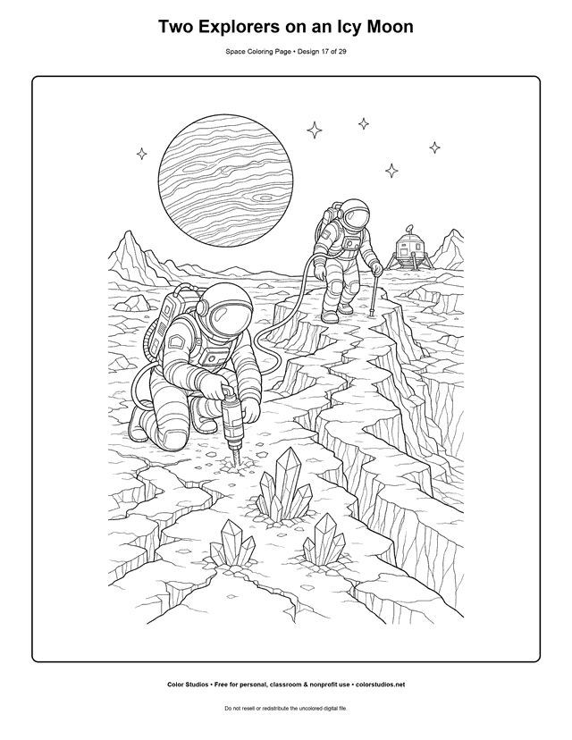 Two Explorers on an Icy Moon free printable space coloring page for kids.