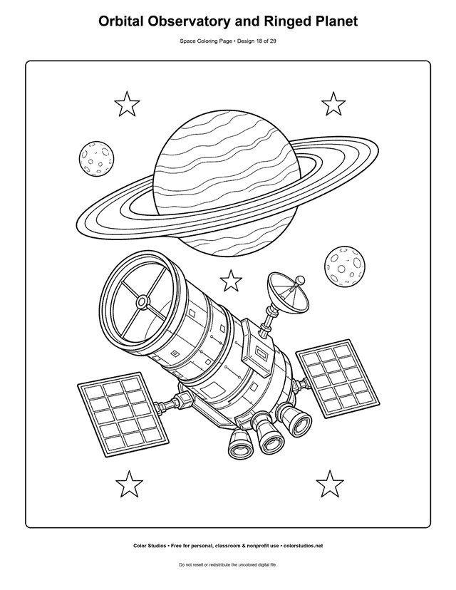 Orbital Observatory and Ringed Planet free printable space coloring page for kids.