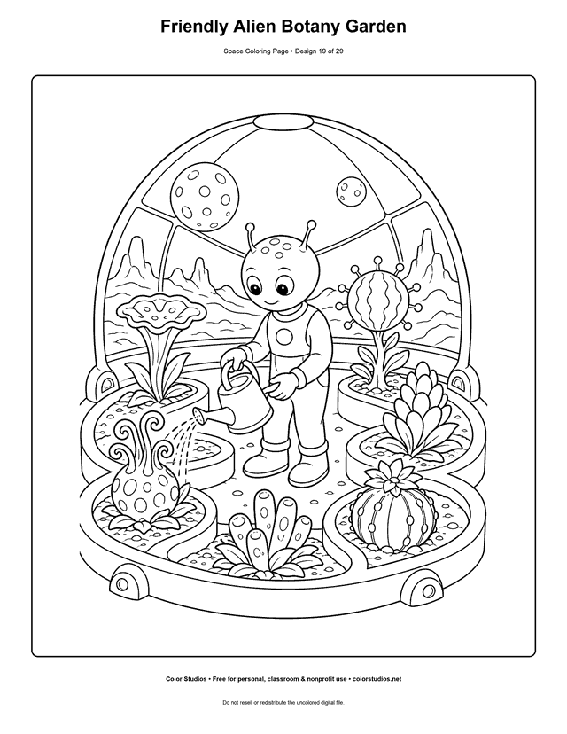 Friendly Alien Botany Garden free printable space coloring page for kids.