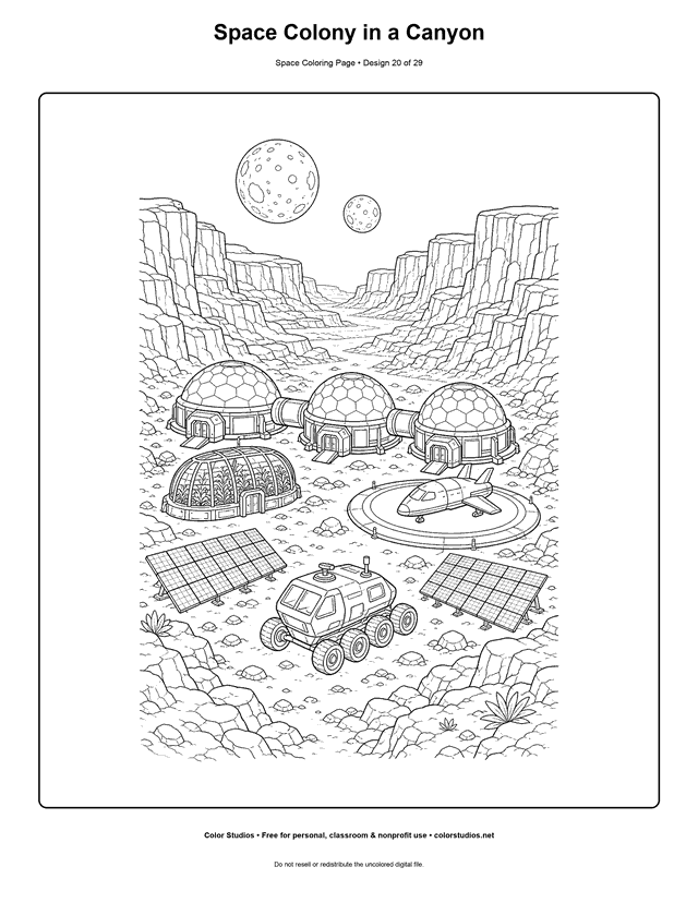 Space Colony in a Canyon free printable space coloring page for kids.