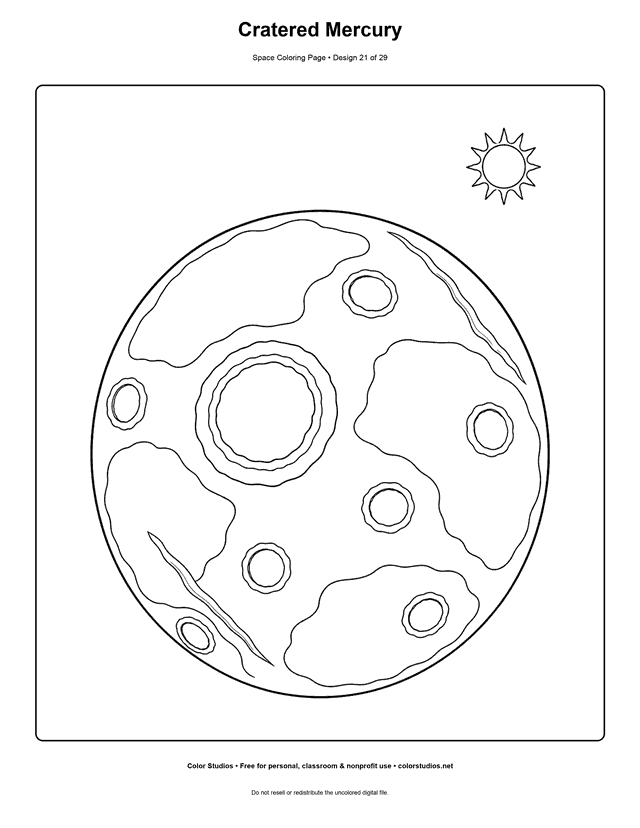 Mercury coloring page showing the small cratered planet with the Sun in the distance.