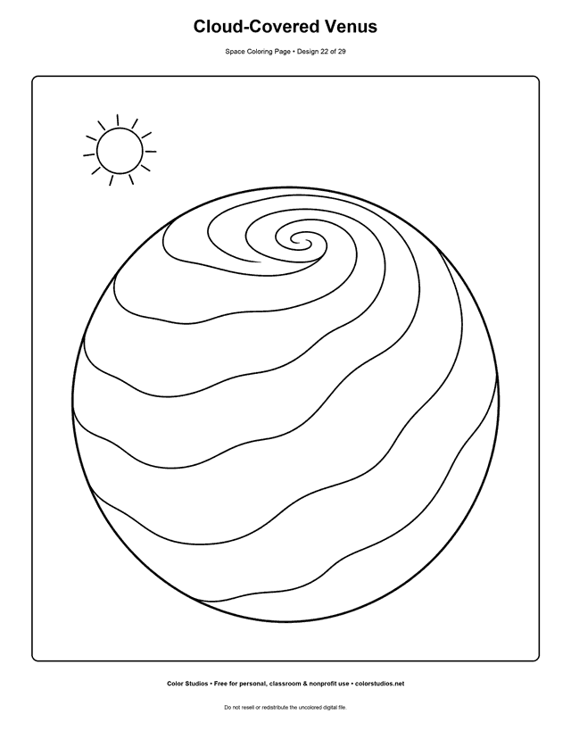 Venus coloring page showing the cloud-covered second planet with broad bands to color.