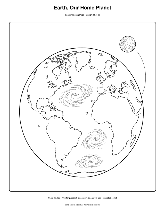 Planet Earth coloring page with simplified continents, oceans, clouds, and the Moon.