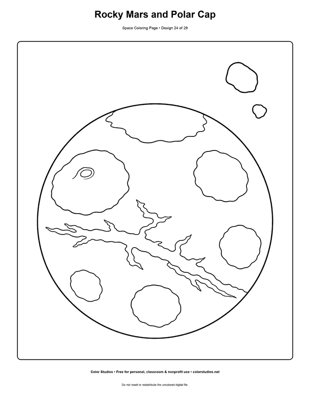 Mars coloring page showing the rocky fourth planet with craters, canyons, and a polar cap.