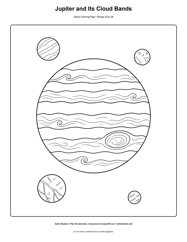 Jupiter coloring page showing the giant planet with broad cloud bands and a large storm oval.