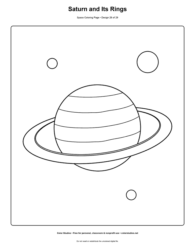 Saturn coloring page showing the ringed planet with wide, open bands for coloring.