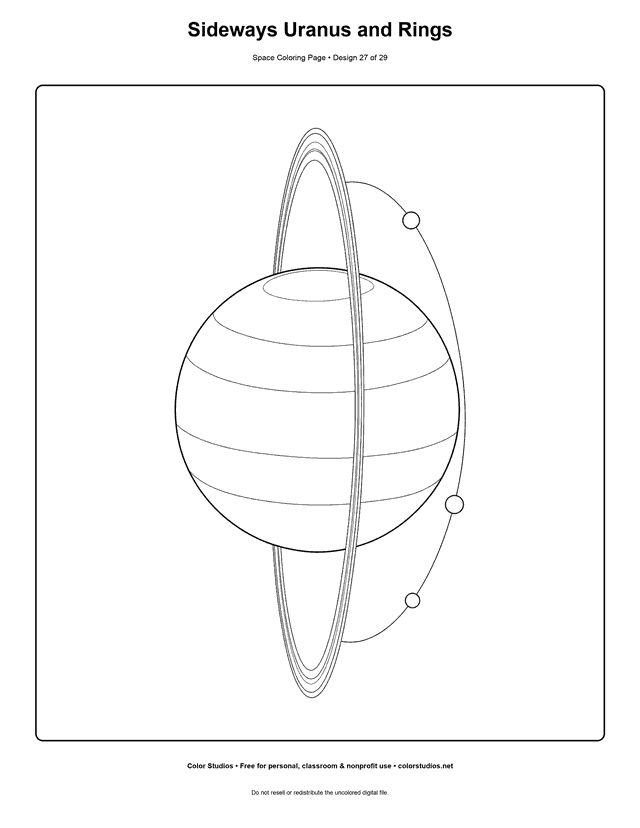 Uranus coloring page showing the ice giant tilted on its side with its thin rings.