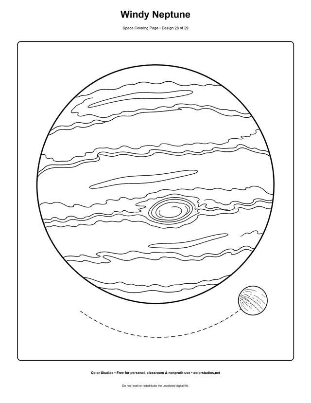 Neptune coloring page showing the distant ice giant with broad cloud bands and storms.
