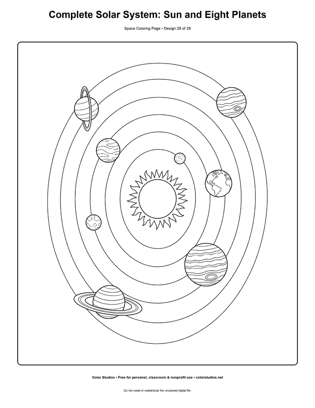 Solar system coloring page with the Sun and all eight planets arranged in orbital order.