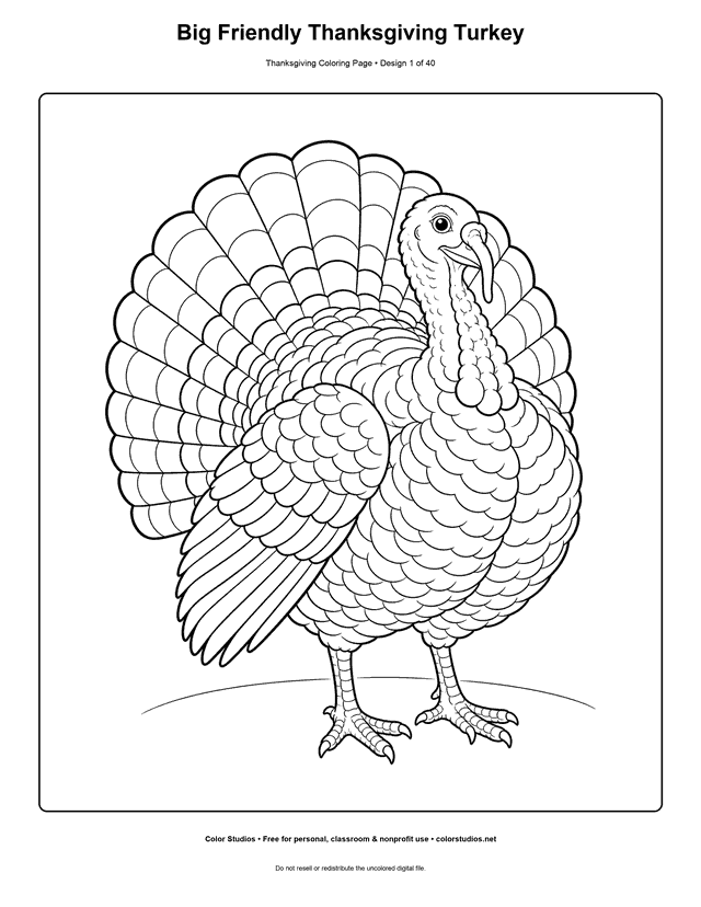 Big friendly Thanksgiving turkey with a fan tail coloring page.