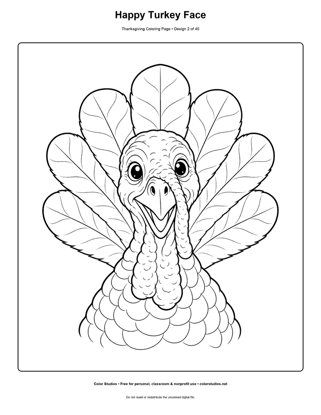 Happy turkey face with rounded feathers coloring page.