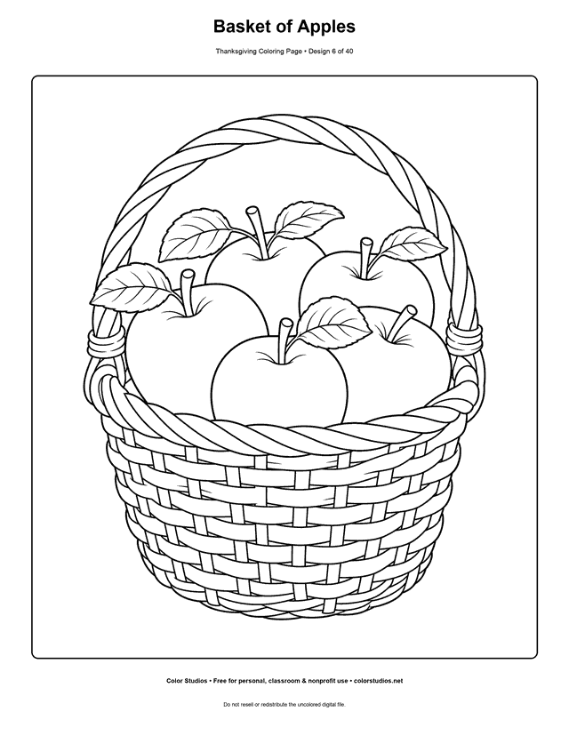 Woven basket filled with five apples coloring page.